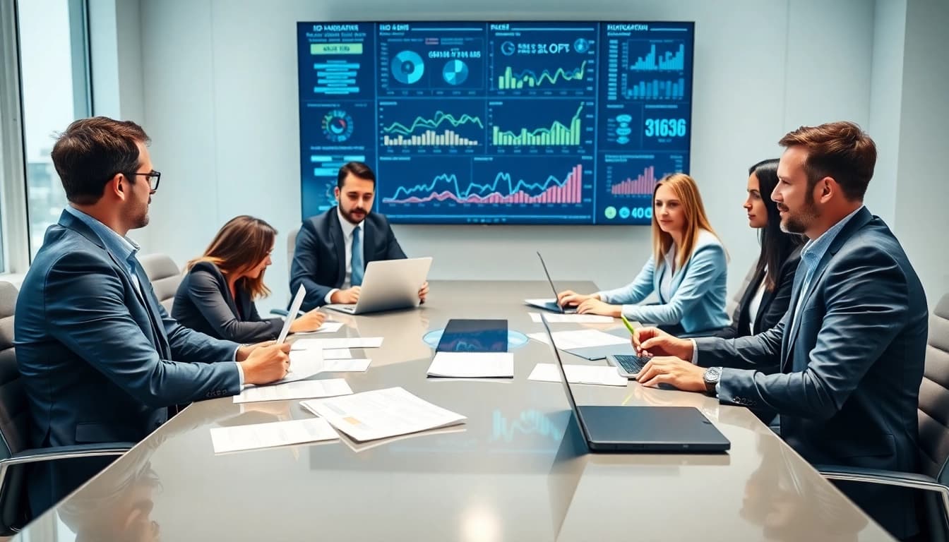 Conducting a Bid-No-Bid Analysis with a focused business team in a modern conference room.