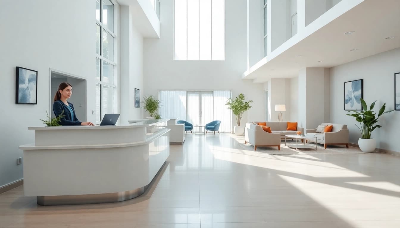 Accommodations featuring a modern lobby with inviting decor and natural light.