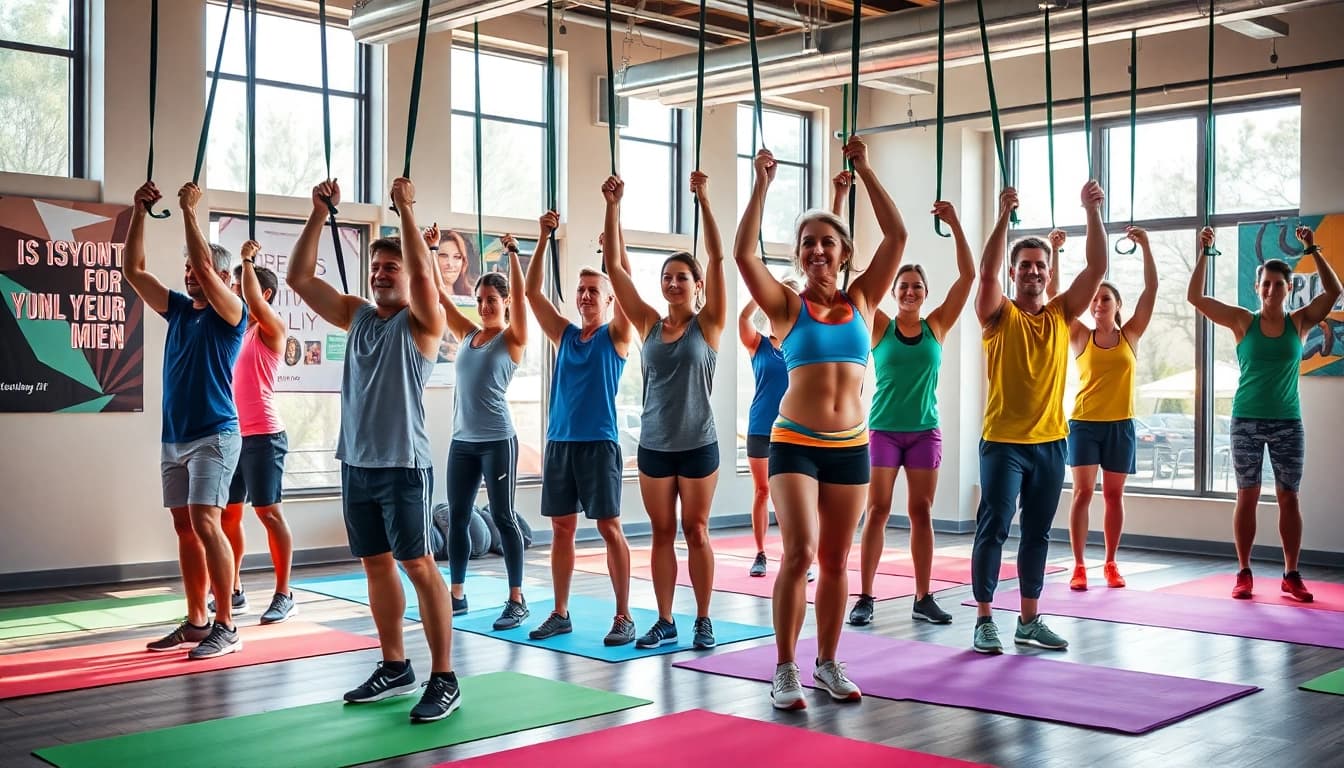 Individuals using stretch bands for pull-ups in a vibrant gym setting.