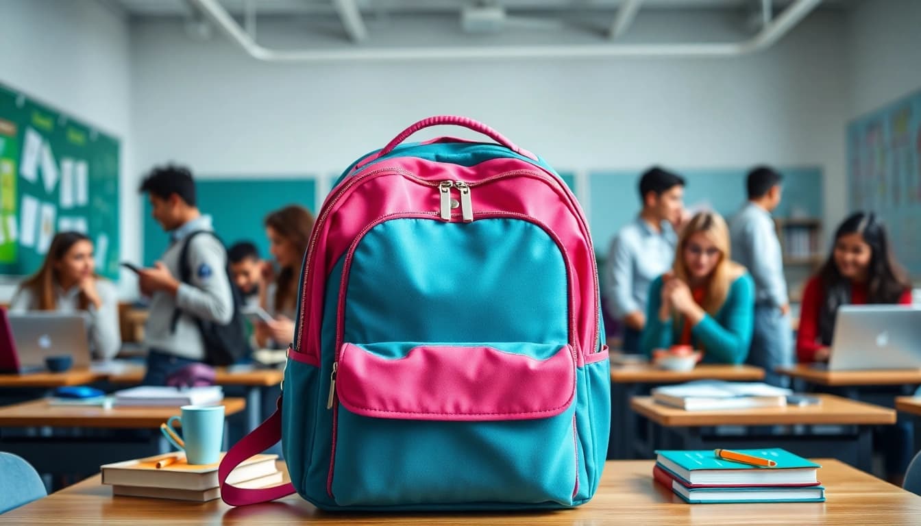Handtasche für Schulen mit bunten Designs und stilvollen Details im Klassenzimmer.