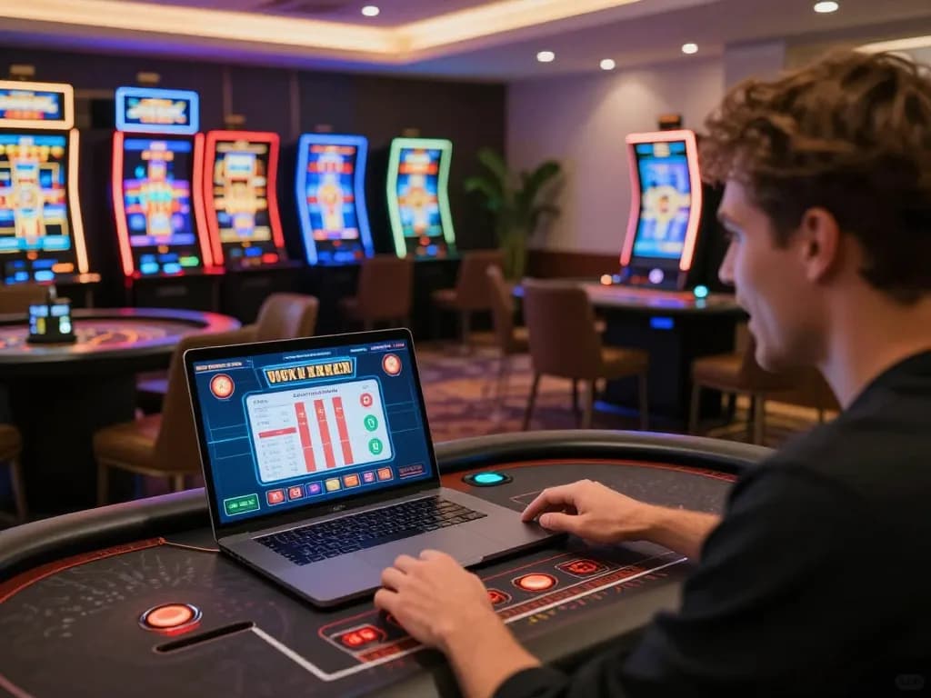 Player engaging with tt88 online casino game on laptop, highlighting exciting gameplay and modern gaming atmosphere.