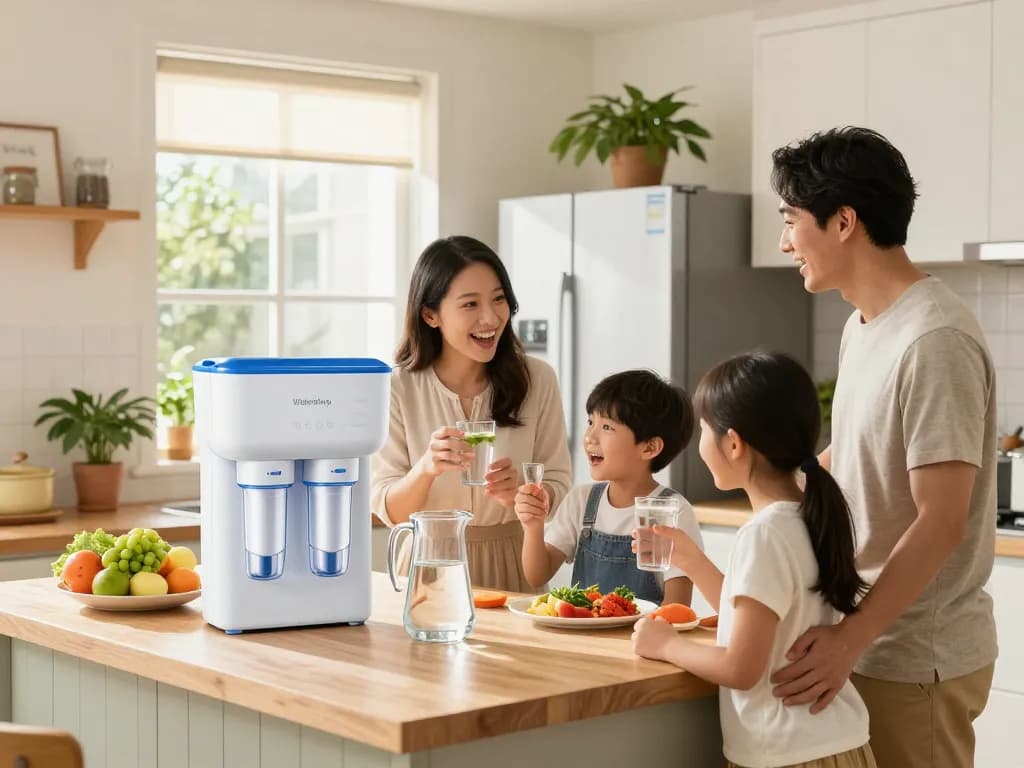 Family discussing benefits of the Waterdrop LT1000PC ADQ747935 MDJ64844601 Refrigerator Water Filter in a bright kitchen.
