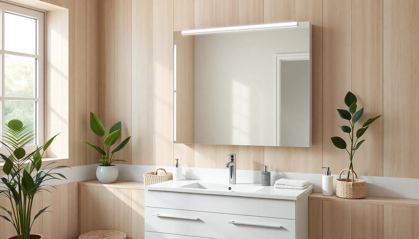 Beleuchteter spiegelschrank led im modernen Badezimmer mit eleganter Ausstattung.