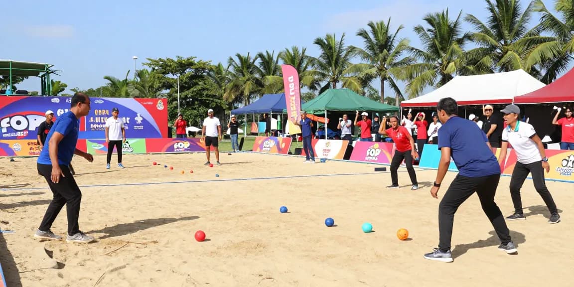 Lapangan petanque FOPI Kota Makassar saat turnamen, menampilkan atlet dan penonton bersemangat.