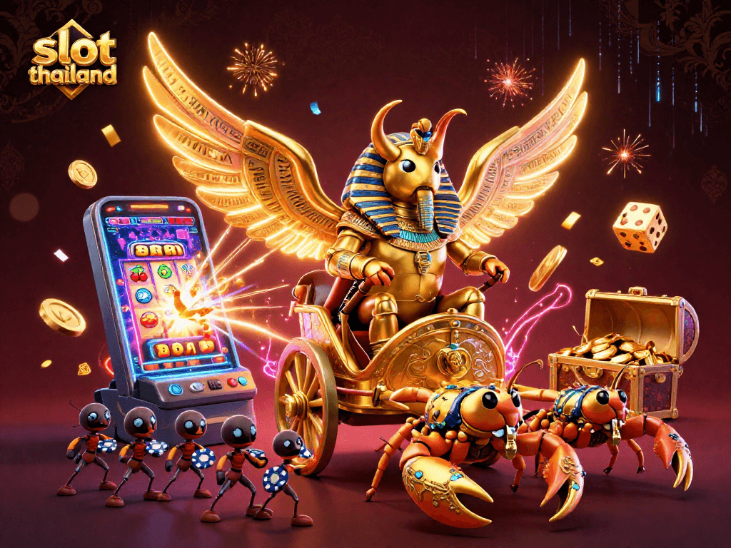 Experience thrilling slot thailand adventures with a golden scarab beetle and dazzling casino elements.