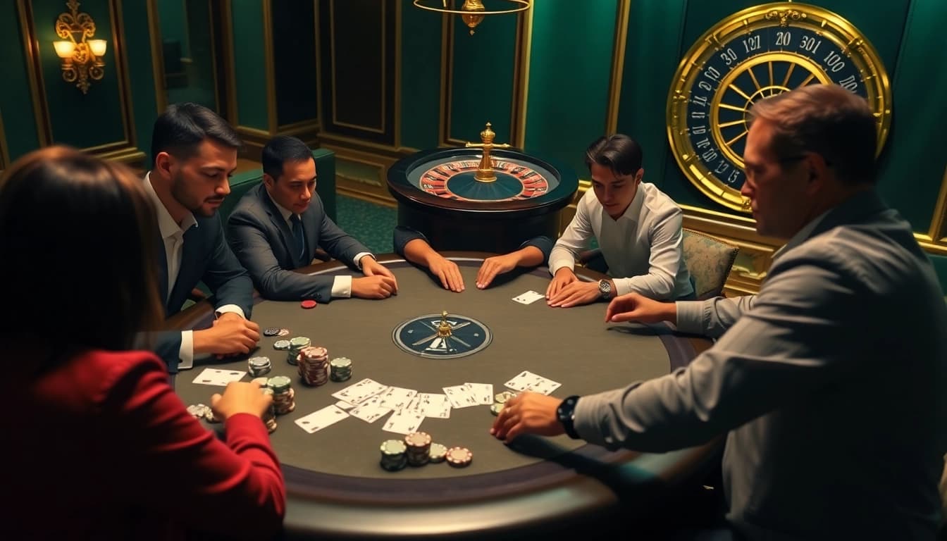 Joueurs engagés à une table de poker dans un cadre de casino fiable en ligne, montrant excitation et stratégie.