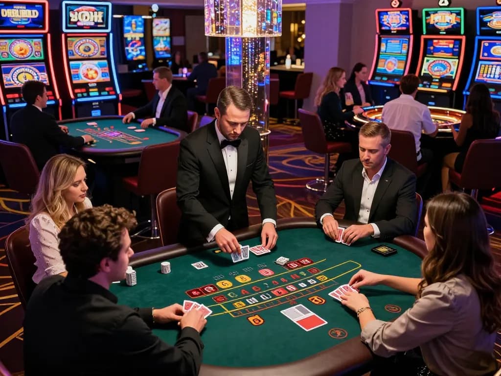 Players engaging at the blackjack table in an upscale casino, embodying the 888 VI gaming experience.