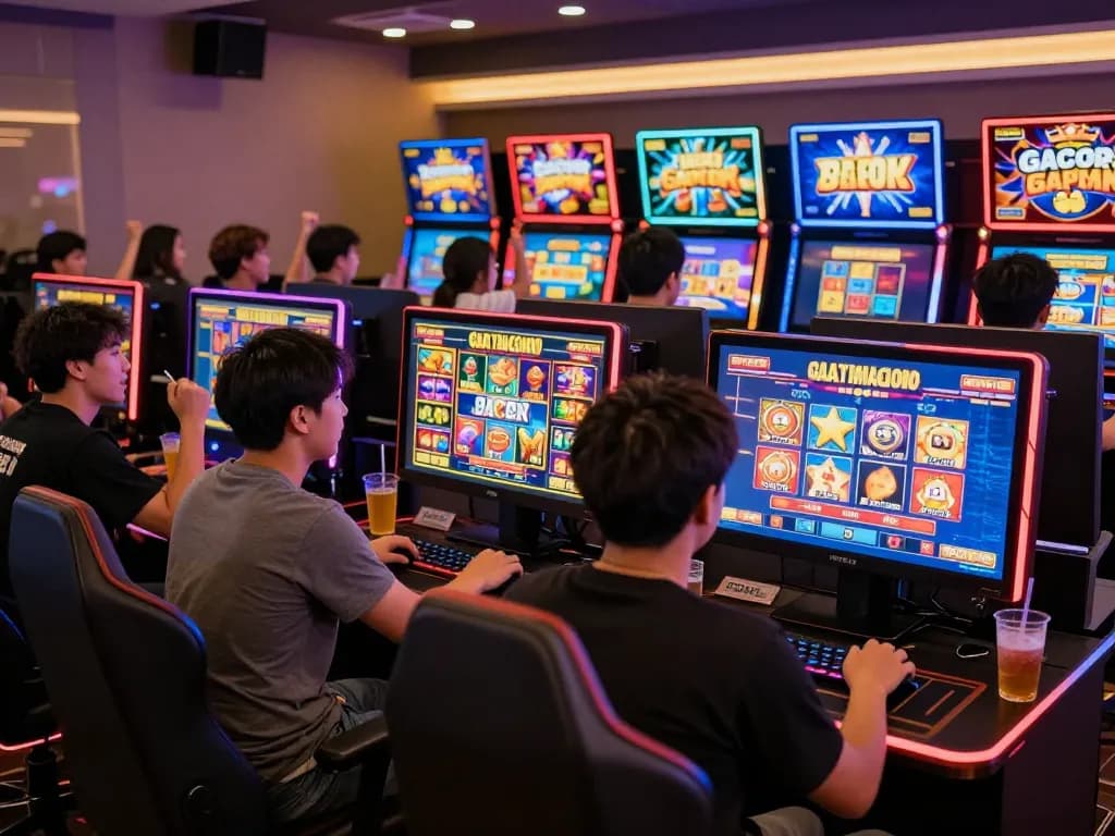 Players enjoying slot gacor hari ini with colorful graphics and dynamic atmosphere