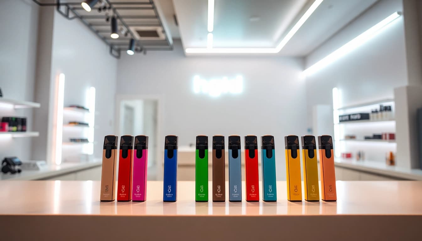 Verschiedene hqd pods in einem modernen, einladenden Dampfergeschäft ausgestellt.