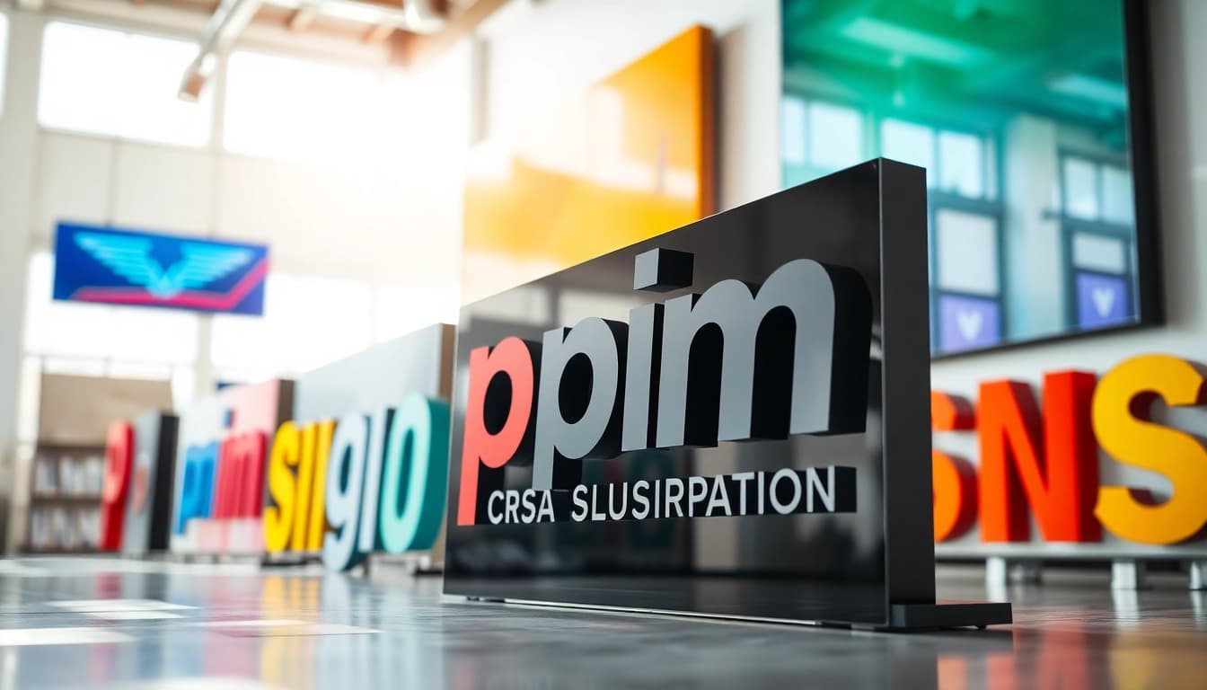 Showcase of vibrant signage designs highlighting pm signs corporation in a modern studio setting.