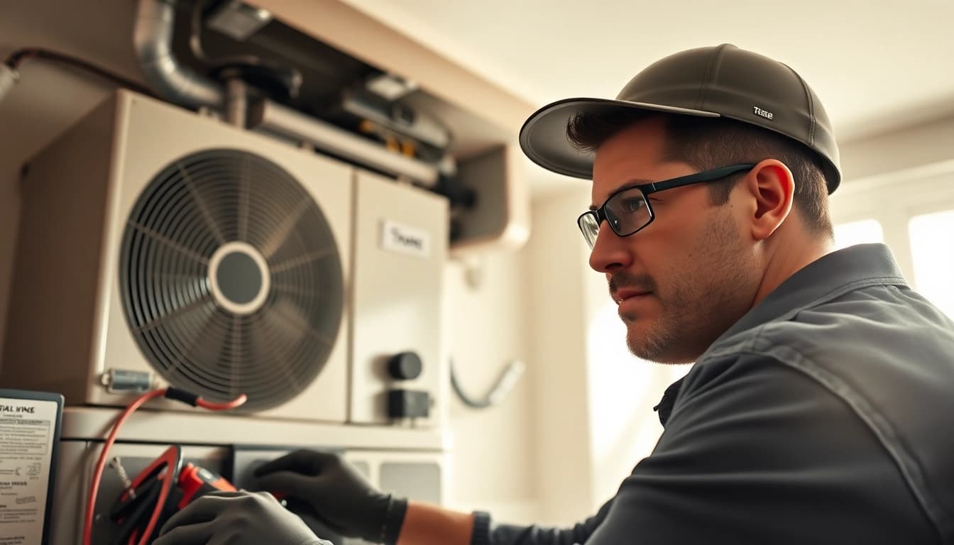 HVAC technician servicing Trane Alberta heating unit, highlighting professionalism and quality.