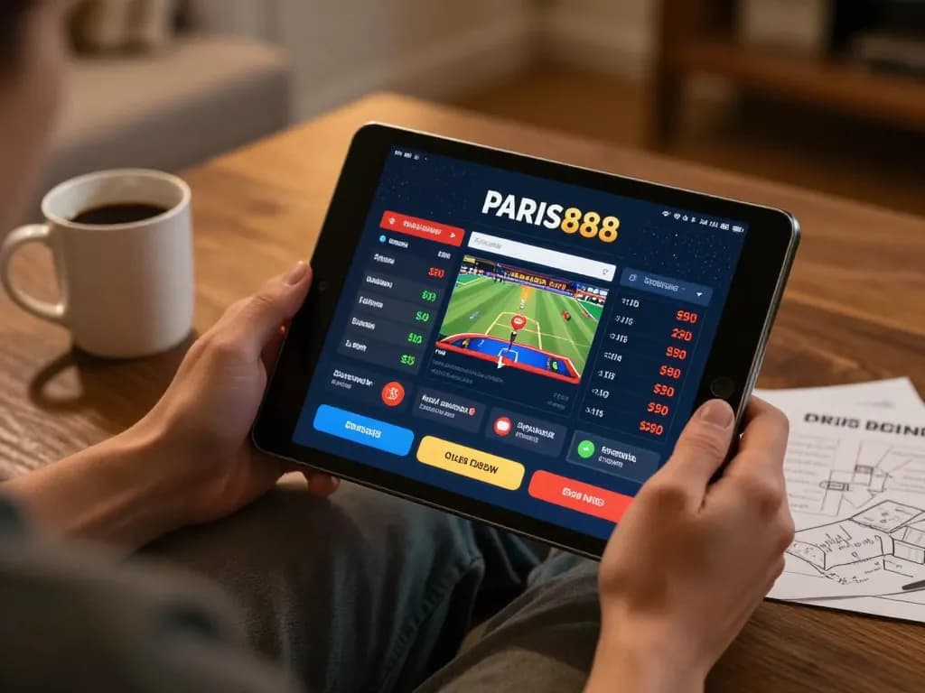 Engaging in online gambling with Paris888's platform, showcasing excitement and strategy in a cozy home setup.