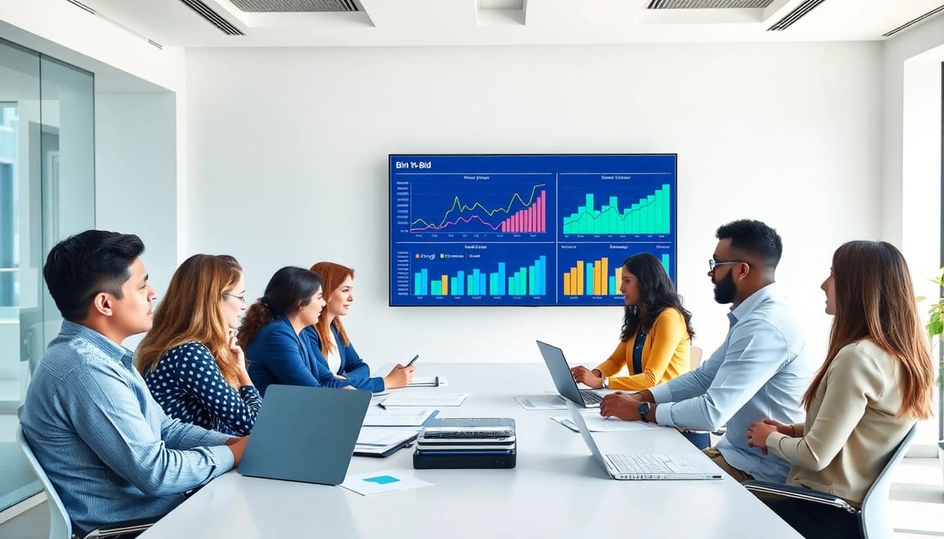 Team engaged in a Bid-No-Bid Analysis. discussion, surrounded by data visuals.