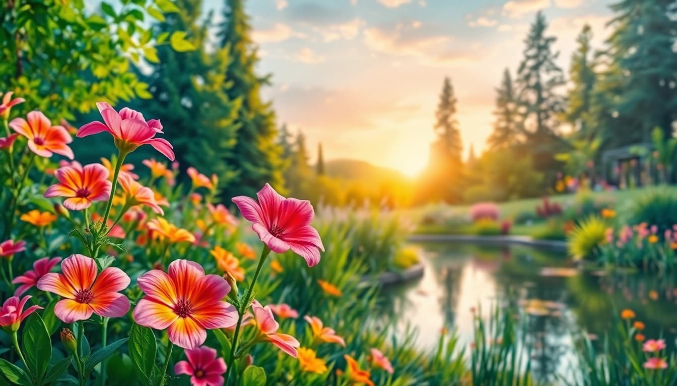 Captivating painting depicting a peaceful garden with vibrant flowers and a serene pond.