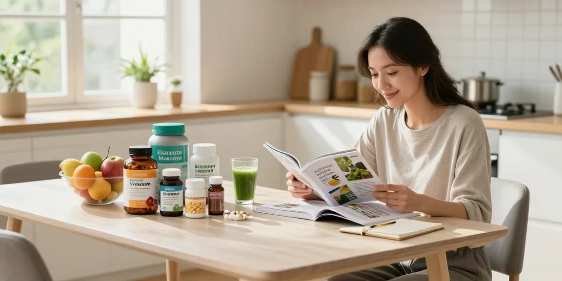 Premium wellness supplements displayed on a kitchen table with a person reading about health, conveying a positive wellness lifestyle.