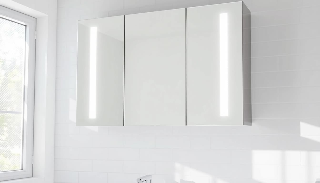Elegant mirrored bathroom cabinet with light brightening a sleek modern bathroom.
