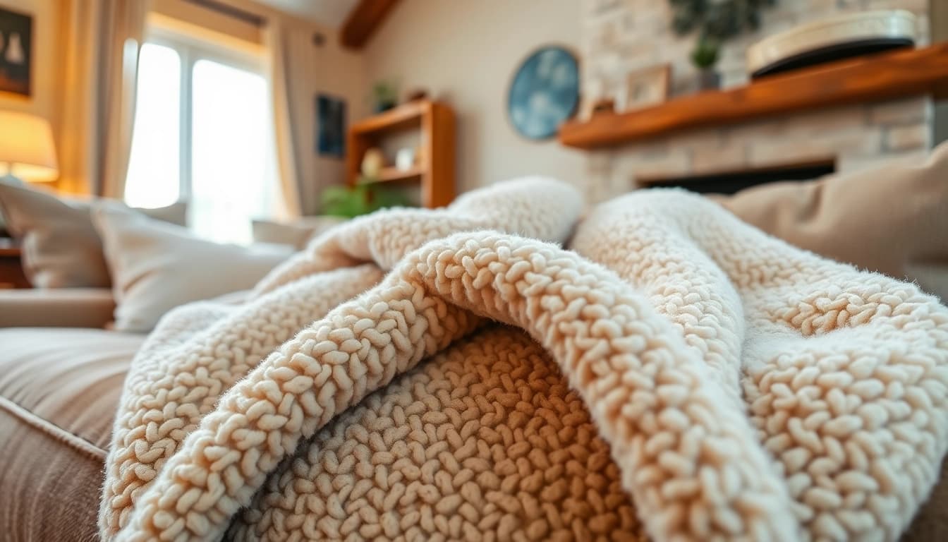 Fleece deken op een comfortabele bank in een sfeervolle woonkamer met warm licht.