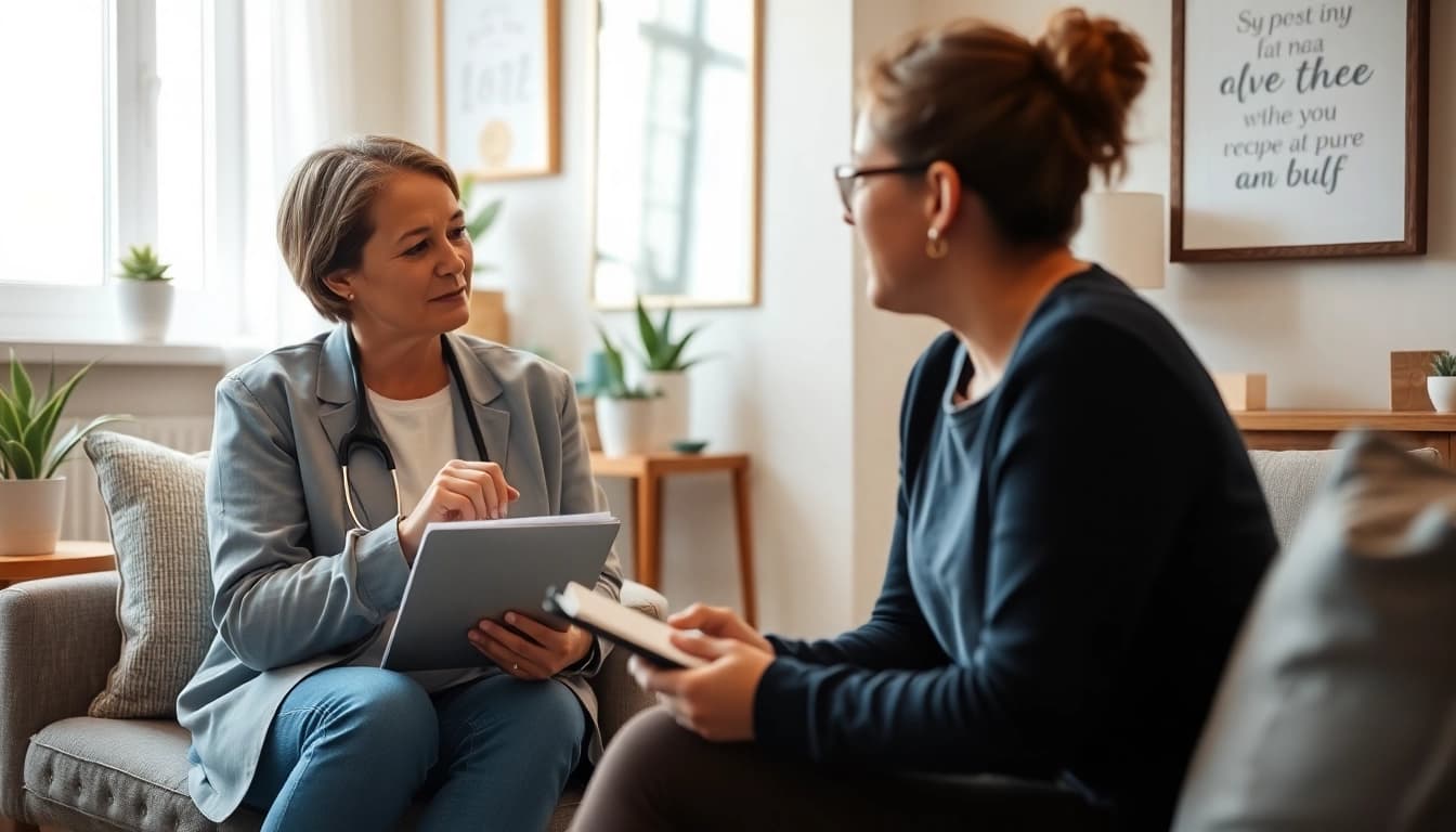Illustration depicting depression symptoms conveyed through a therapist's supportive interaction.