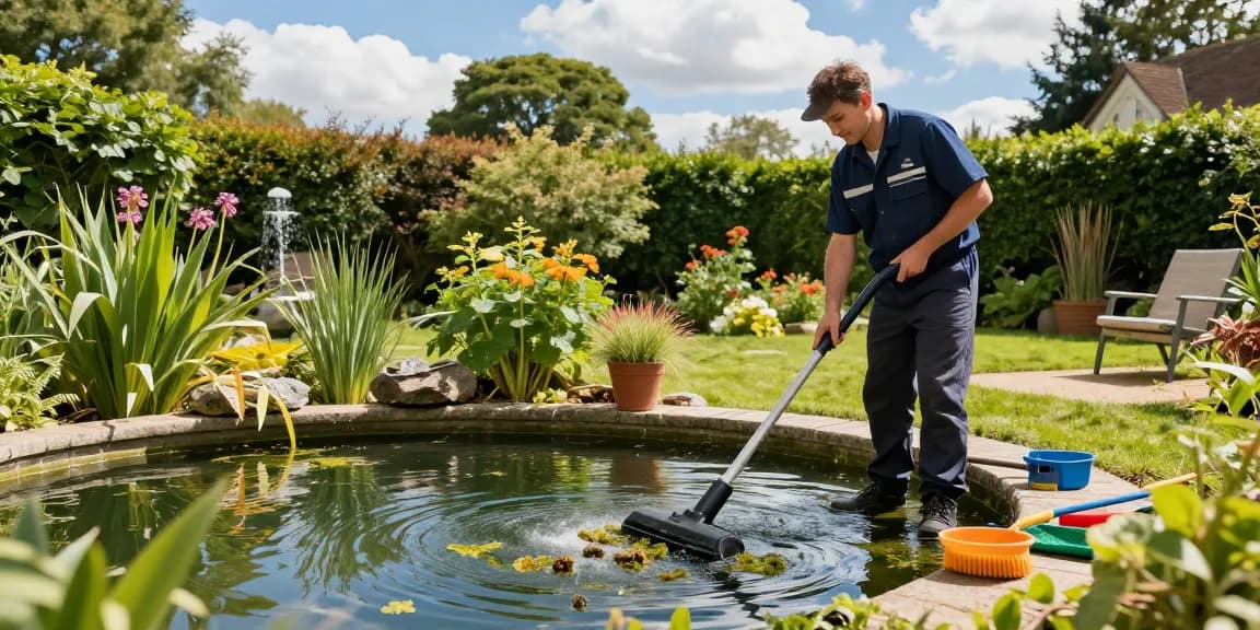 Professional Pond Cleaning Sussex with expert using a vacuum to clean a vibrant backyard pond.
