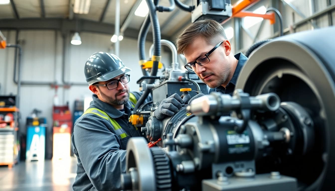 Technician performing hydraulic repair services on advanced equipment in a professional setting.