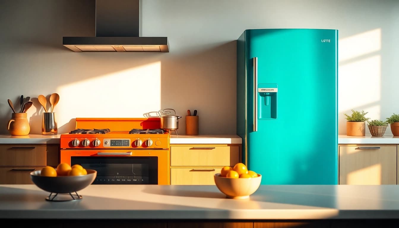 Showcase of modern home appliances in a professional kitchen setting with vibrant colors.