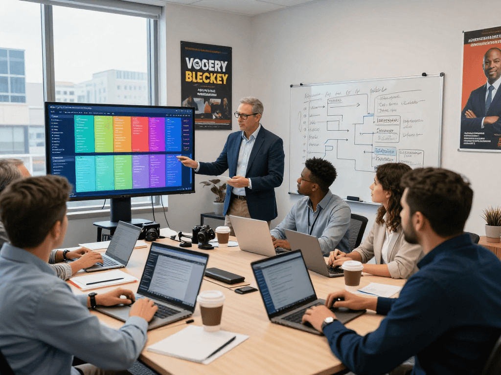 Political ad ROI measurement analysis in a dynamic campaign office with data insights and teamwork.