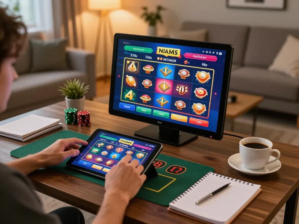 A player actively engaging with casino non AAMS con Neteller platform on their tablet, showcasing a vibrant online gaming experience.