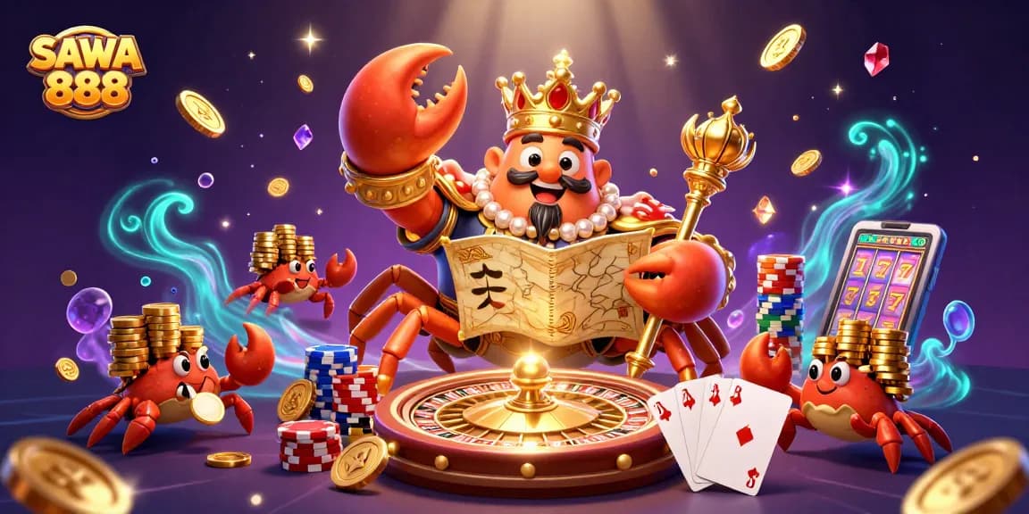 Experience exciting gameplay at SAWA 888 with a vibrant 3D illustration of a golden crab emperor and interactive casino elements.