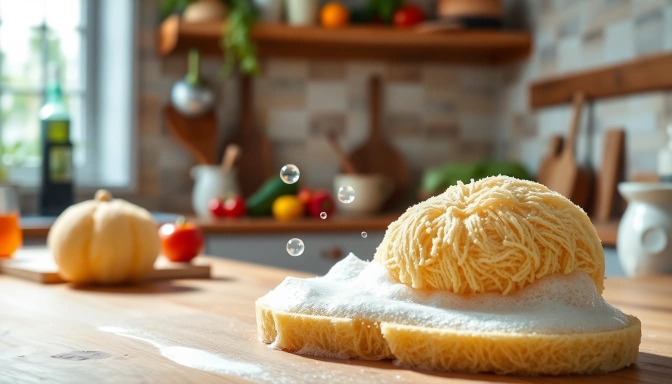 Discover kitchen loofah benefits through a vibrant kitchen scene featuring a natural loofah sponge.
