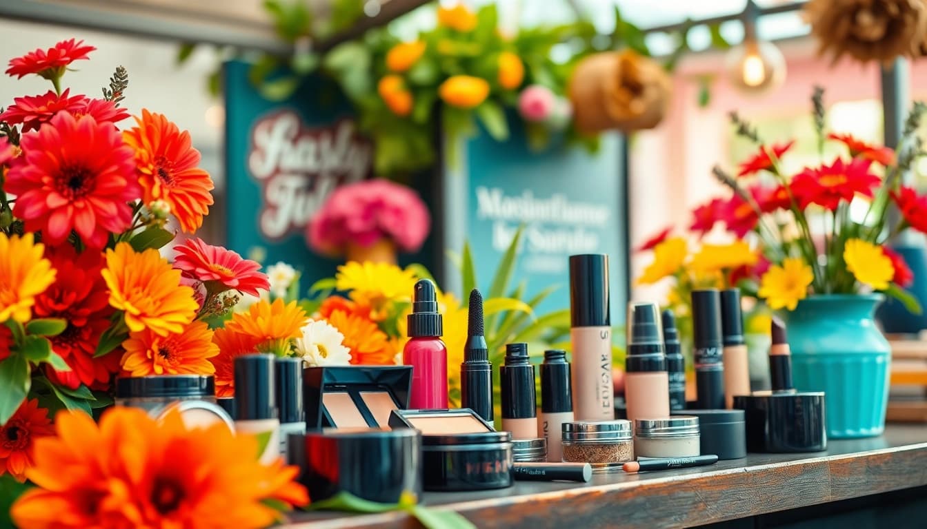 Showcase of wholesale makeup products adorned with vibrant flowers in natural light.