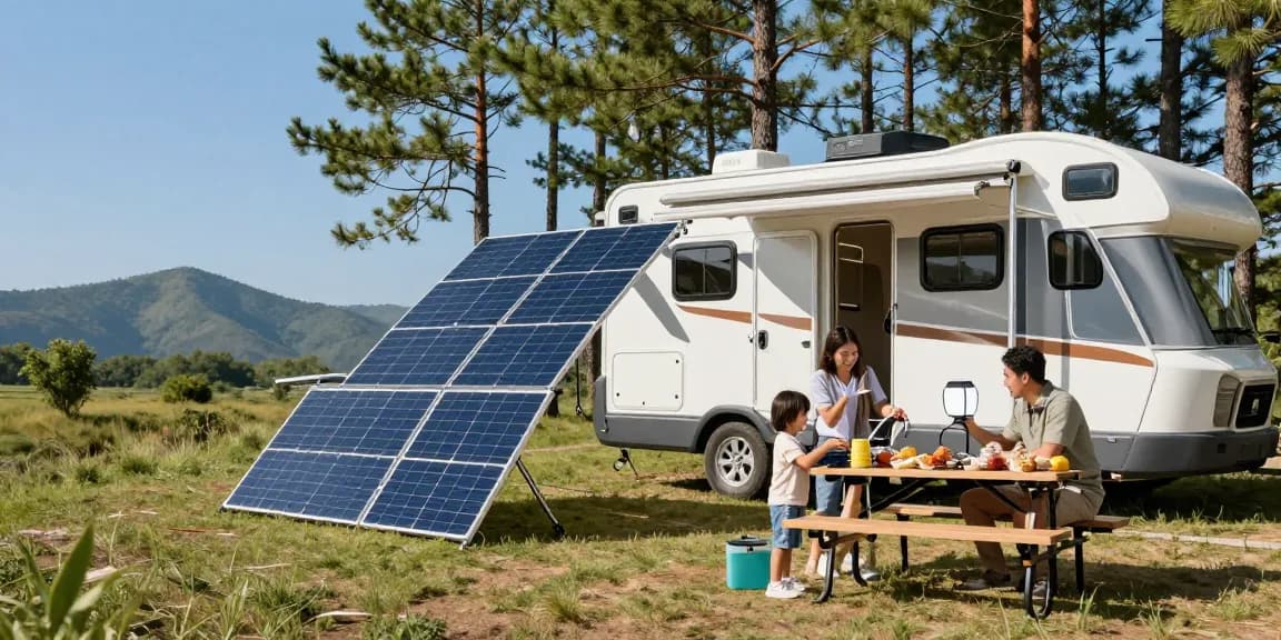 Flexible solar panel system integrated into an RV at a campsite, with a family enjoying outdoor activities, showcasing renewable energy use.