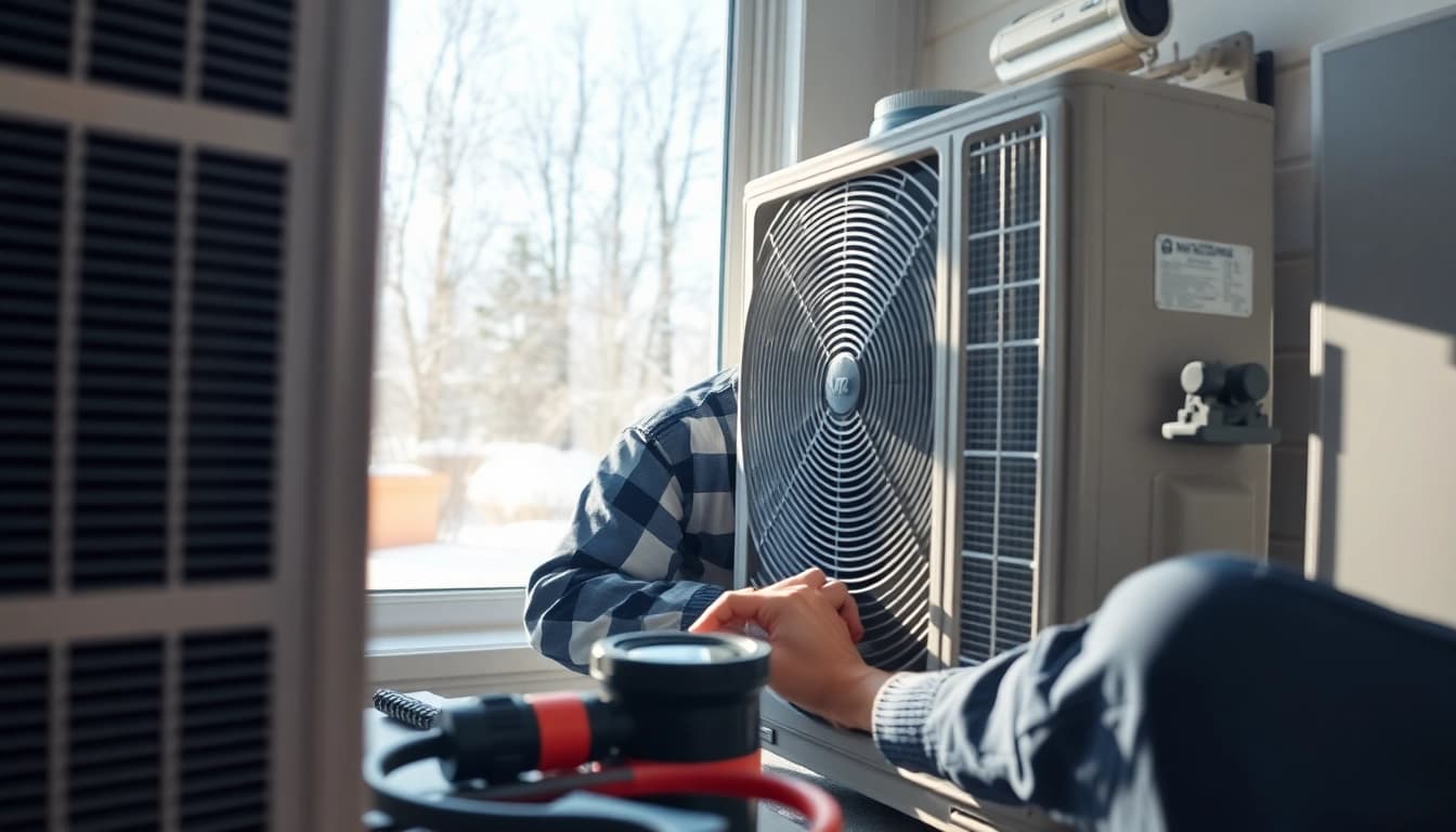 Technicians performing heat pump maintenance minnesota in a cozy home setting.
