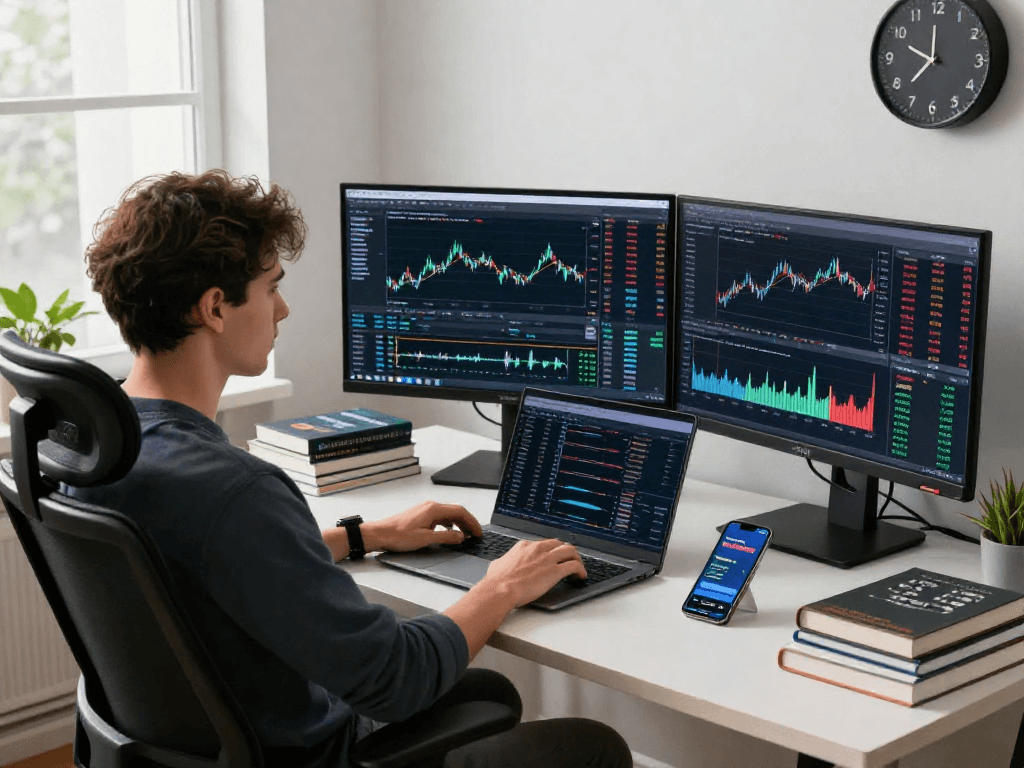 使用MetaTrader 5进行数据分析的交易员，展示现代交易工作的桌面环境和实时市场分析工具。