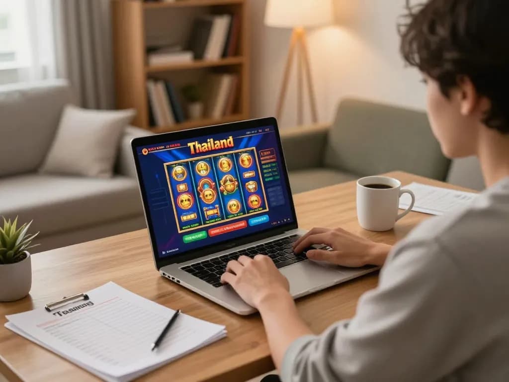 Engaging player immersed in slot thailand game on laptop in a cozy home setting.