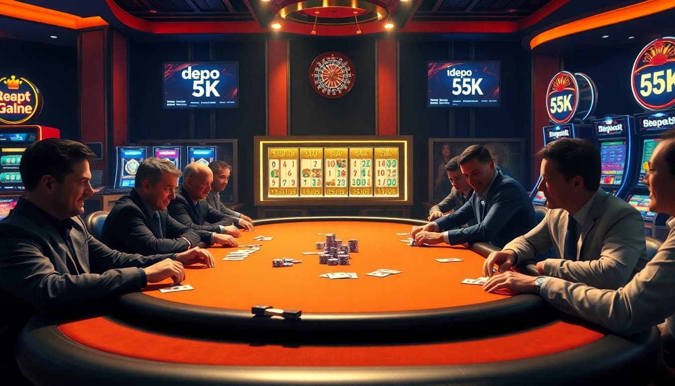 Rasakan aksi kasino yang mendebarkan dengan chip poker Depo 5k dan pemain di meja taruhan tinggi.