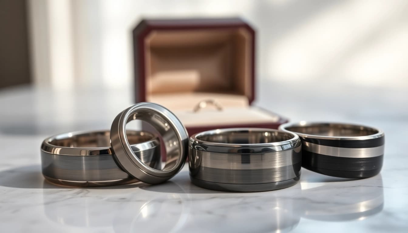 Showcase of stunning Tungsten rings reflecting elegance and style on a marble surface.