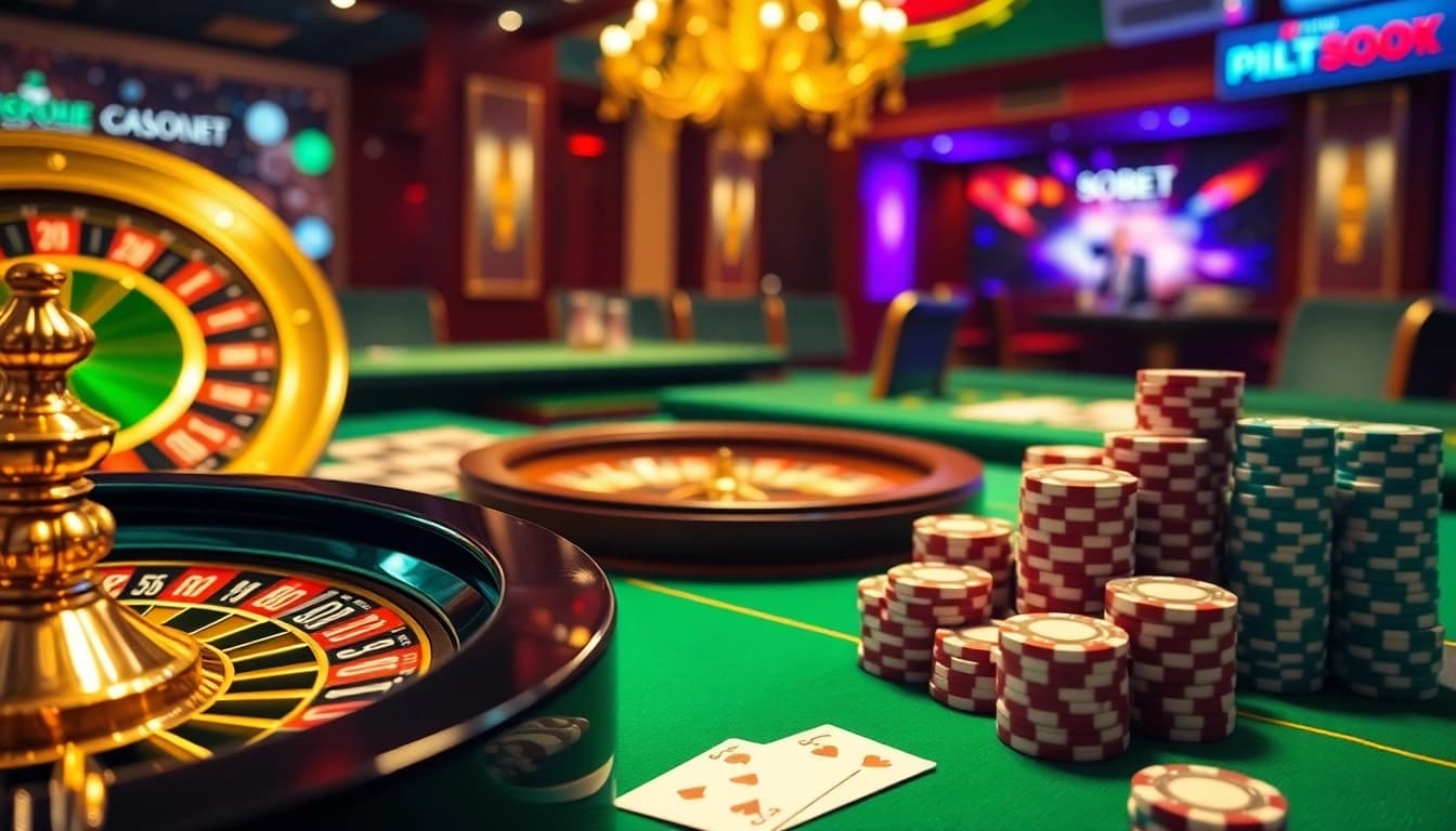 SboBet link alternatif display on a vibrant casino table with roulette and poker elements.