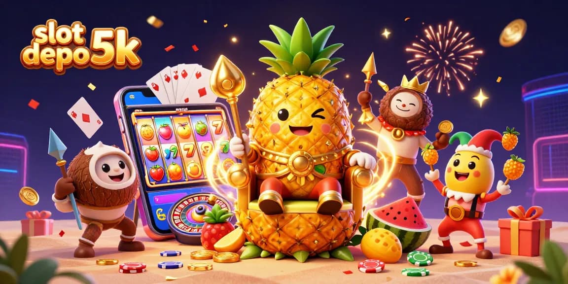 Experience dynamic slot depo 5k action with a vibrant king and energetic characters amidst colorful casino elements.