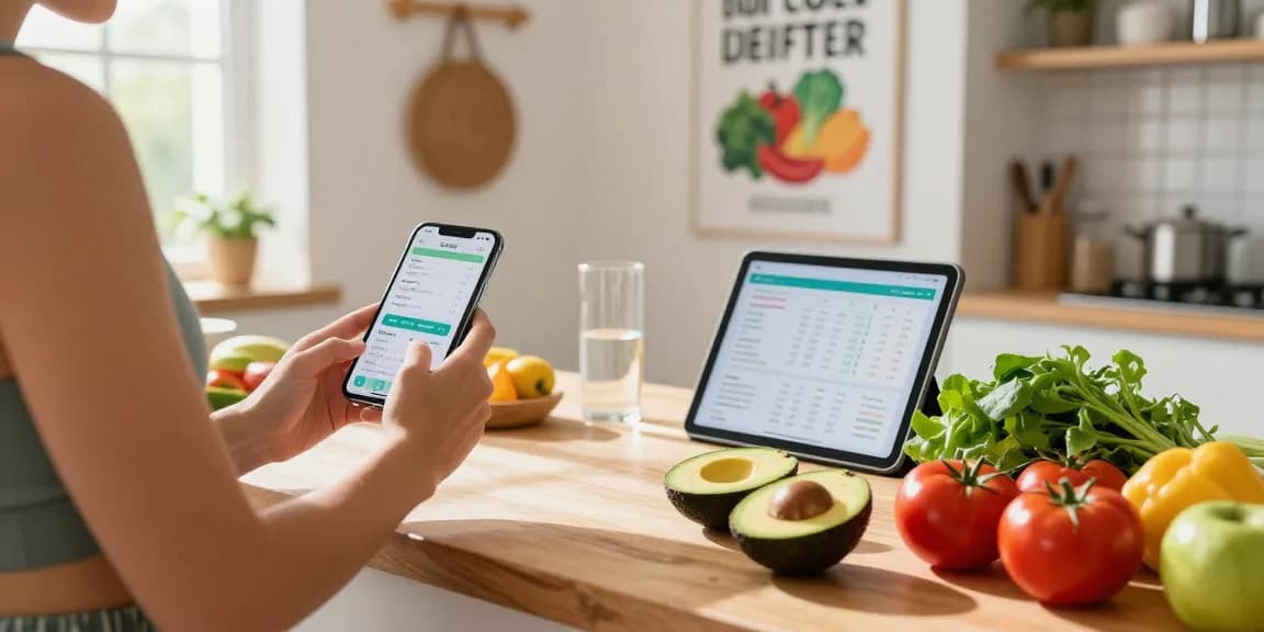 A person logging their meals in the best calorie tracking apps amidst fresh ingredients in a modern kitchen.