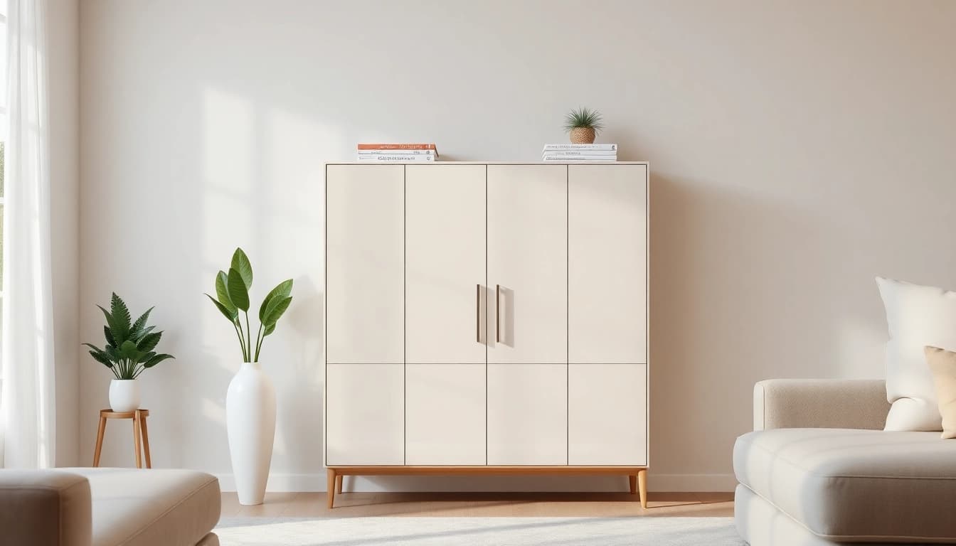 Stylish storage cabinet organized with decorative pieces in a modern living room.