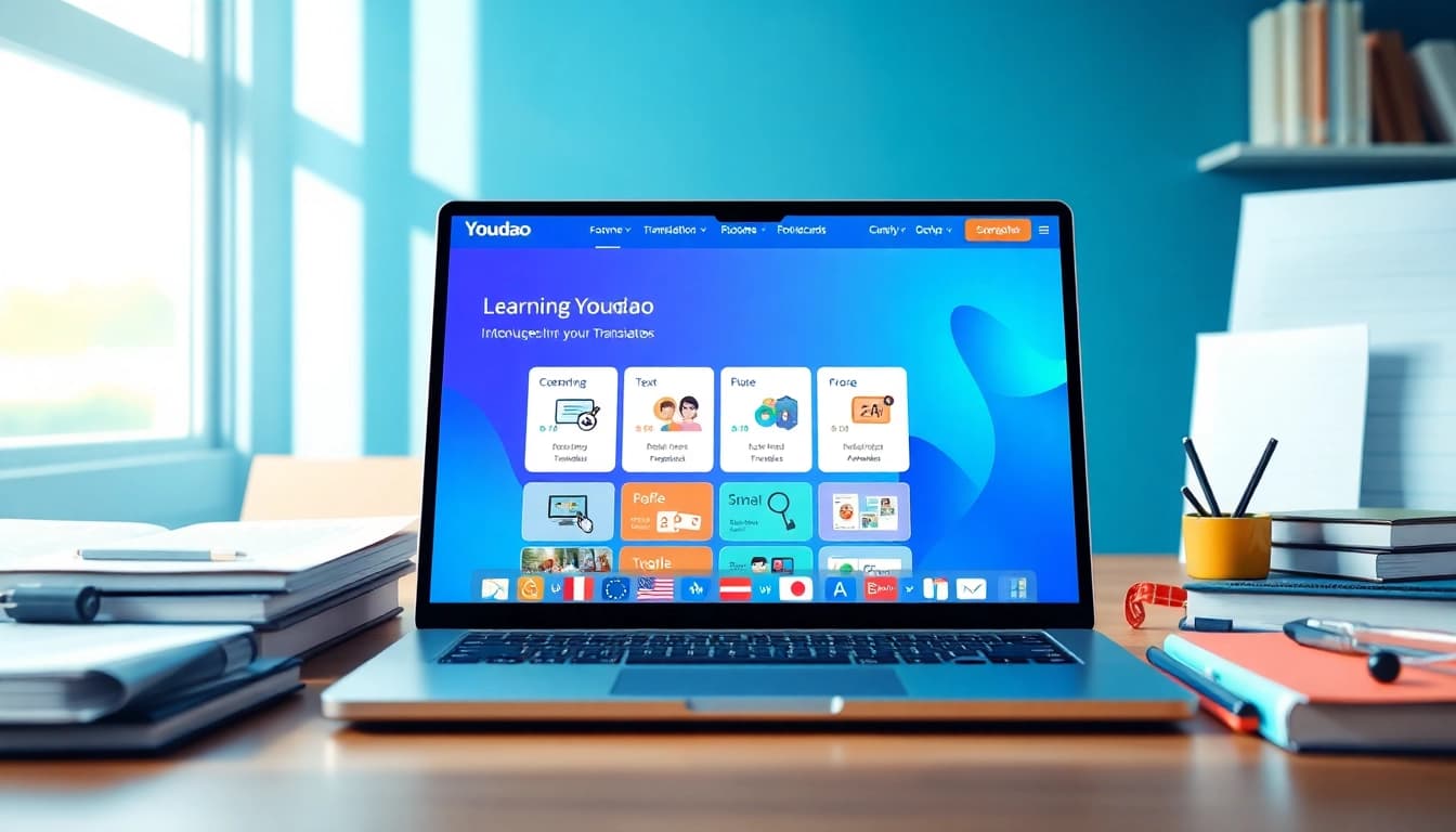 Youdao language translation tools displayed on a modern laptop, surrounded by educational materials.