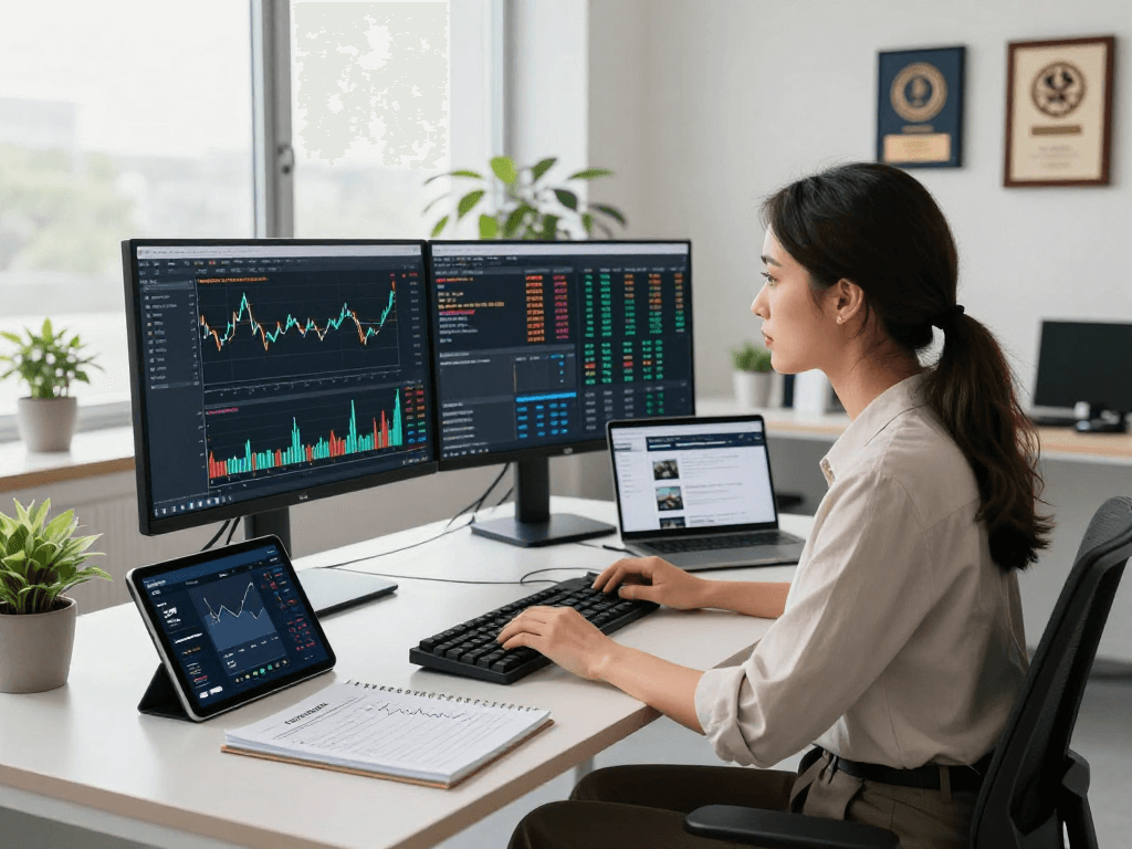 Developer analyzing EURUSD live data feed on dual monitors in a modern trading office.