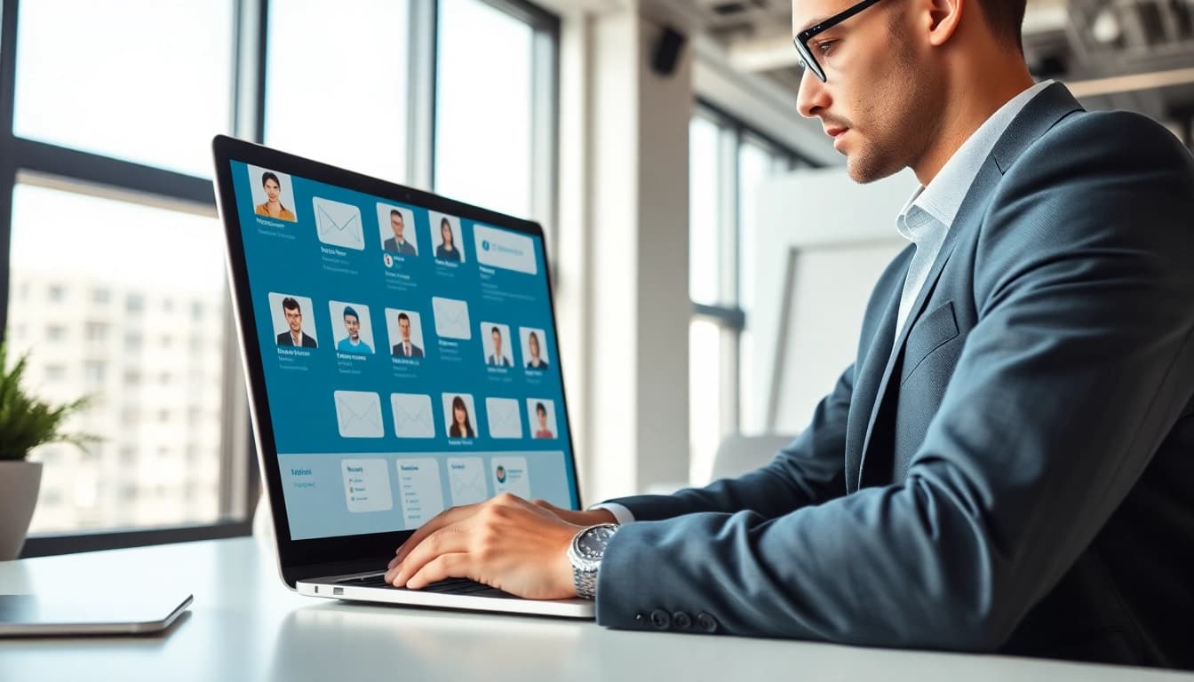 Find verified emails from linkedin using a professional in an office setting with LinkedIn profiles displayed.