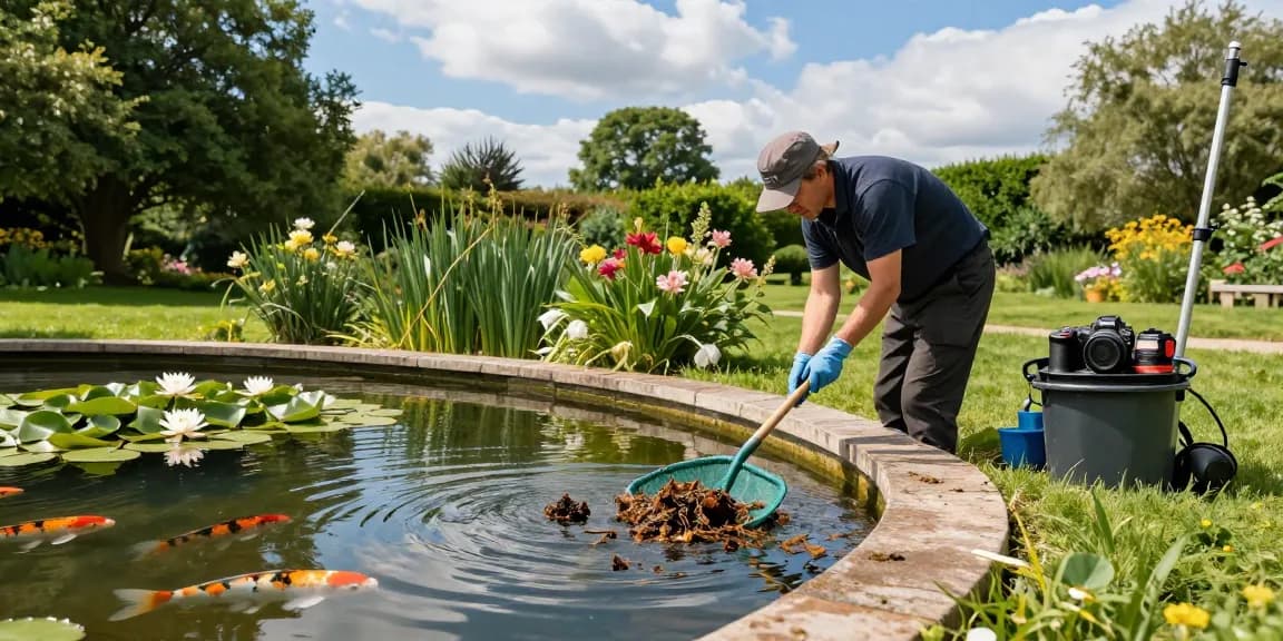 Professional Pond Cleaning Sussex service in action, technician cleaning a sparkling pond surrounded by lush greenery.