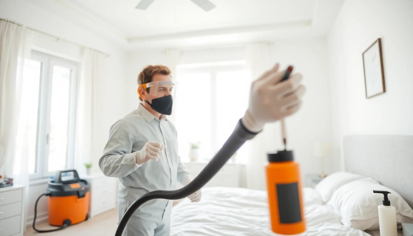 Bedbugs exterminator near me treating a bedroom professionally.