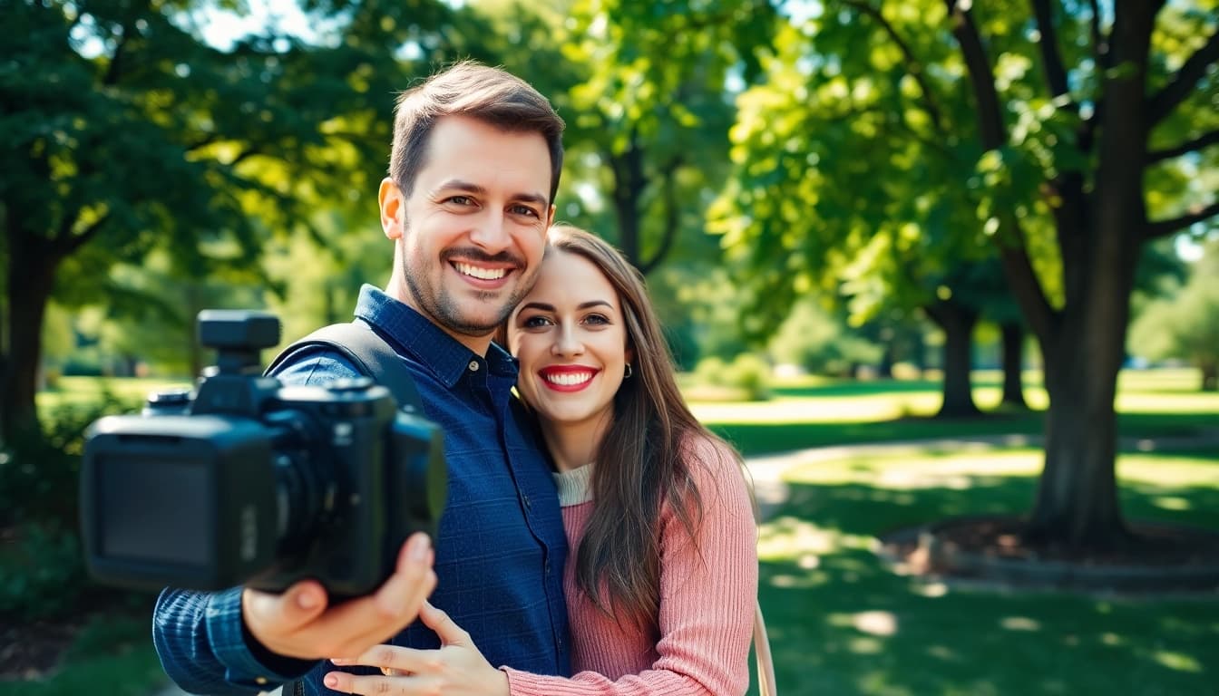 Capture a vibrant outdoor portrait session by a photography company edmonton showcasing a couple in a lush park.