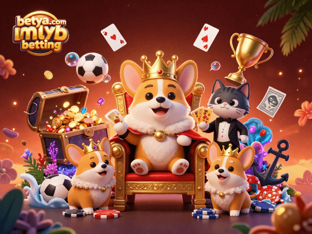 Experience thrilling betya.com mlb betting with a royal corgi and vibrant casino elements.