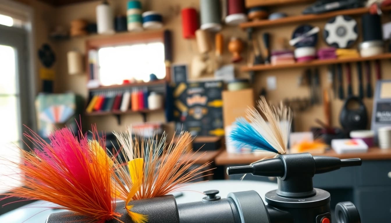 Engage in fly tying with vibrant materials and tools showcased in a dedicated workspace.