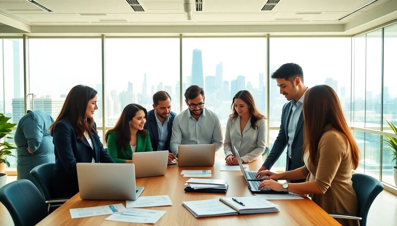 Job in Chicago seekers discussing listing options in a bright modern office setting.
