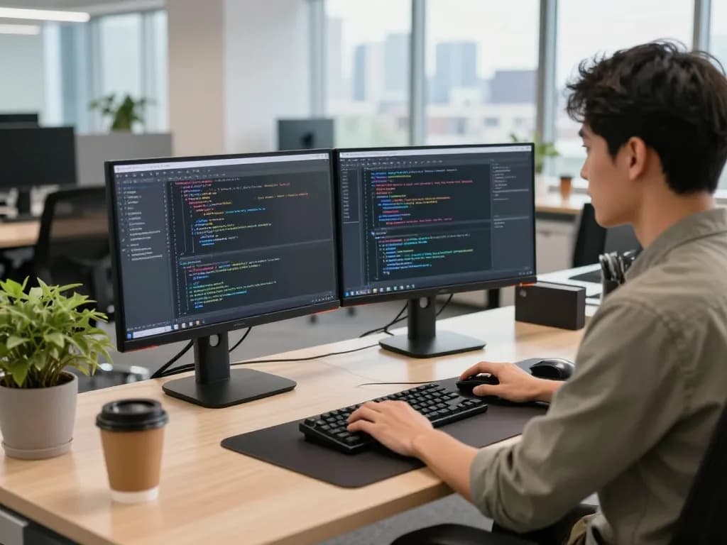 Developer coding in a tech workspace, embodying innovation and productivity with elements highlighting ia +18.